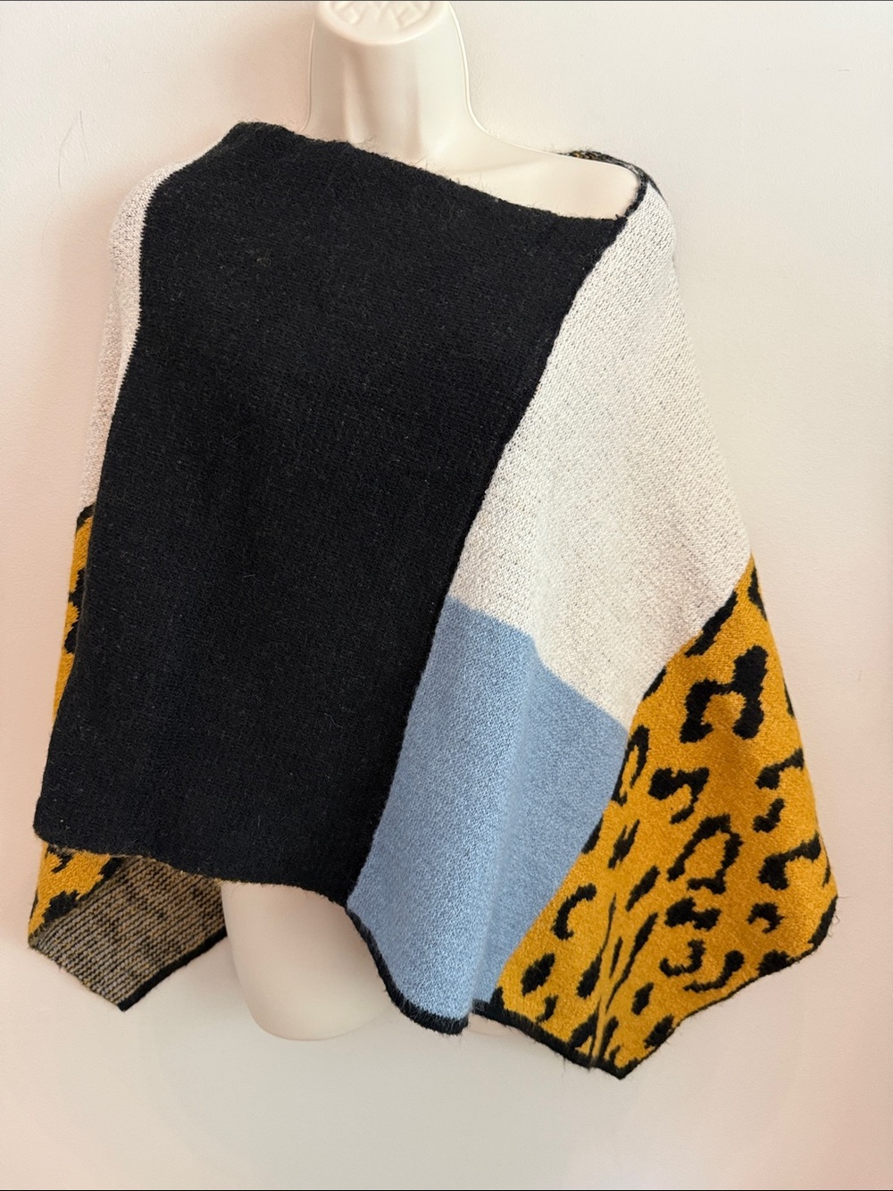Colorblock Knit Poncho Sweater - Black, White, Light Blue & Mustard Leopard